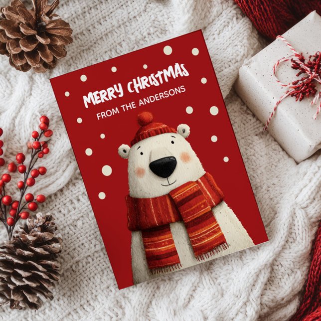 Cartão Postal Cartografia bonita Urso Polar Vermelho Feliz Natal (Criador carregado)