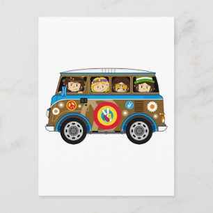 Cartão Postal Cartoon 60 Peace Hippie Van