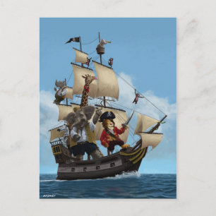 Cartão Postal Cartoon Animal Pirate Ship