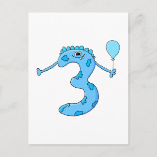 Cartão Postal Cartoon aniversário de 3 anos azul.