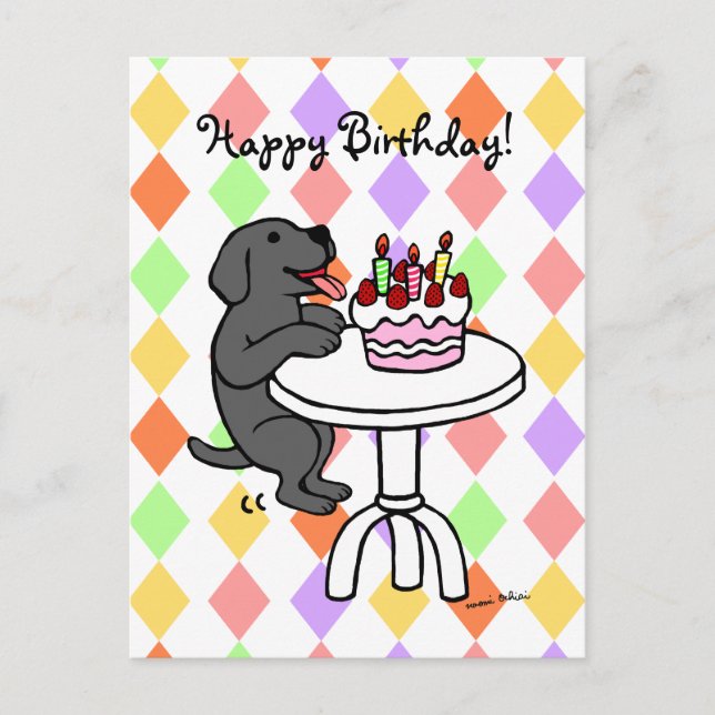 Cartão Postal Cartoon Birthday Cake Black Labrador (Frente)