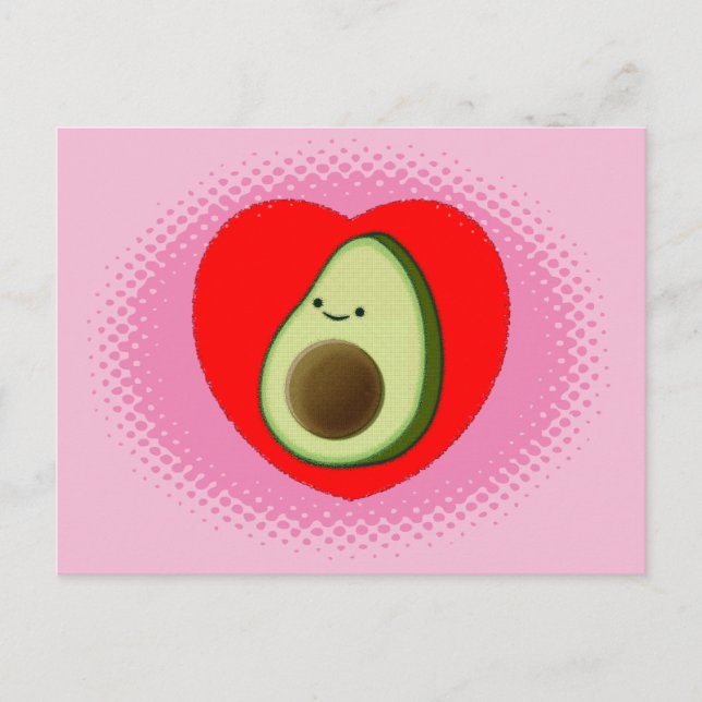 Cartão Postal Cartoon Bonito Avocado No Coração Vermelho Rosa (Frente)