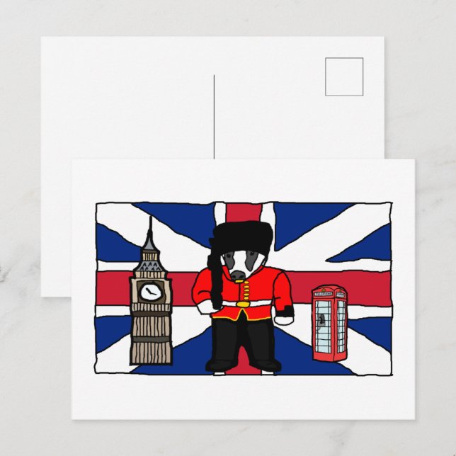 Cartão Postal Cartoon britânico Badger com Big Ben e Flag (Frente/Verso)
