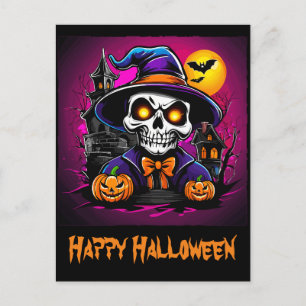 Cartão Postal Cartoon Colorida Skeleton Halloween Pumpkin