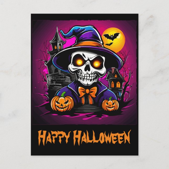 Cartão Postal Cartoon Colorida Skeleton Halloween Pumpkin (Frente)