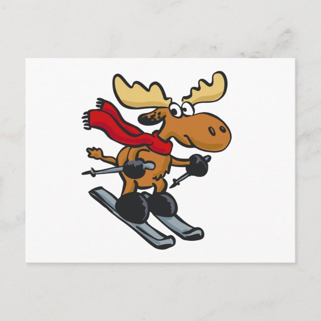 Cartão Postal Cartoon de esquiador Moose | escolher cor de fundo (Frente)