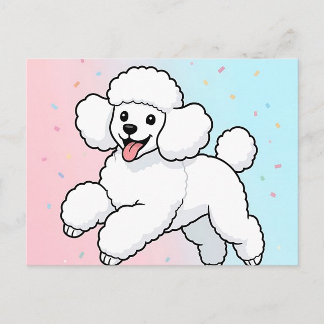 Cartão Postal Cartoon de Poodle Branco Feliz (Frente)