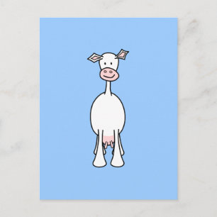 Cartão Postal Cartoon de vaca branca. Fundo azul.