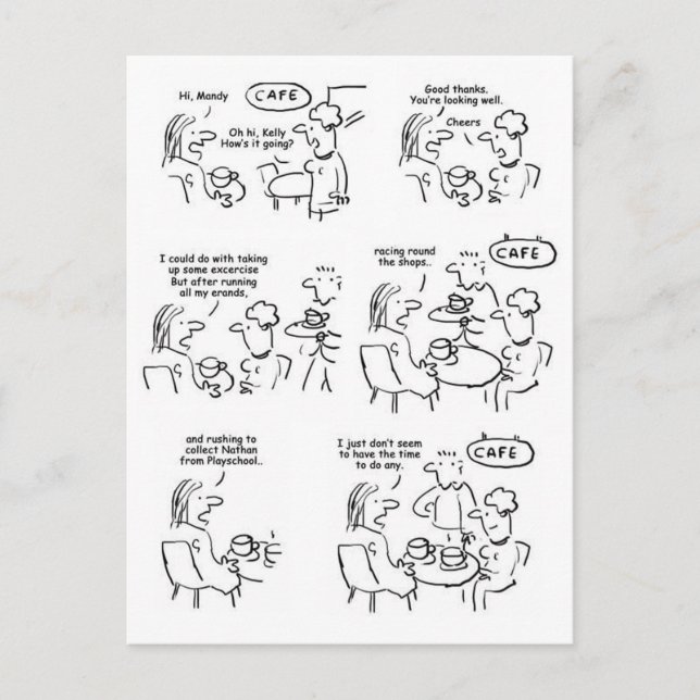 Cartão Postal Cartoon Engraçado de Mulheres em Compro de Café (Frente)