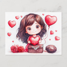 Cartão Postal Cartoon Girl Holding Heart Romantic Valentine’s Da
