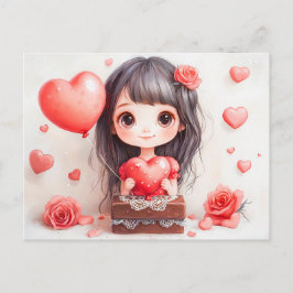 Cartão Postal Cartoon Girl with Roses and Hearts Sweet Valentine