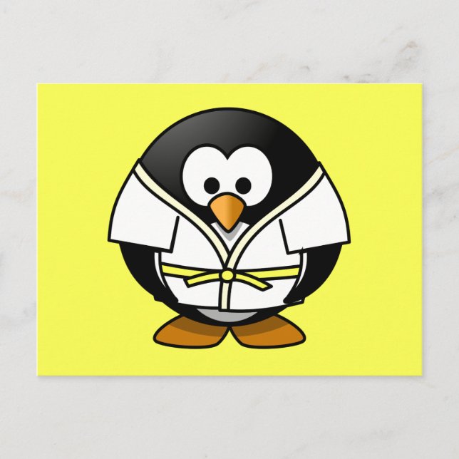 Cartão Postal Cartoon Judo Penguin Yellow Background (Frente)