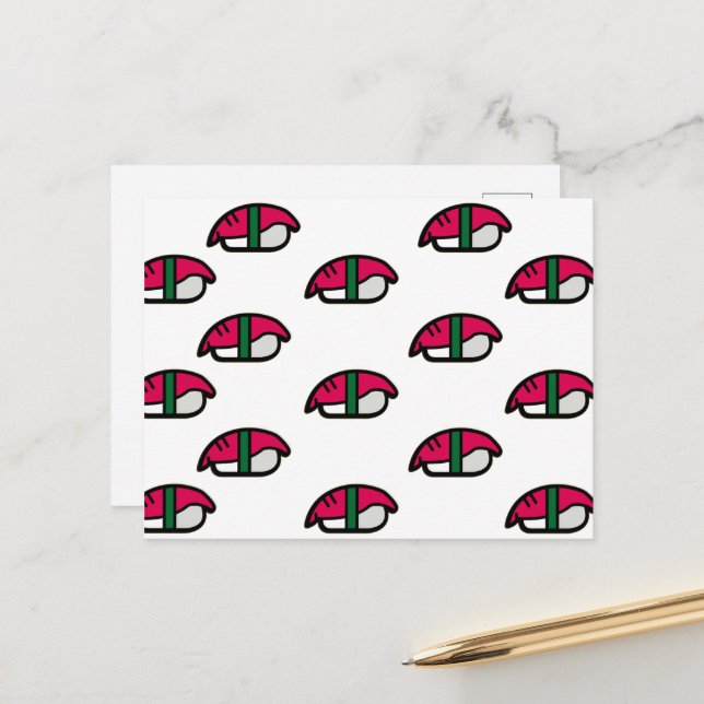 Cartão Postal Cartoon Kawaii Sushi, Arroz de Peixe e Algas Marin (Frente/Verso In Situ)