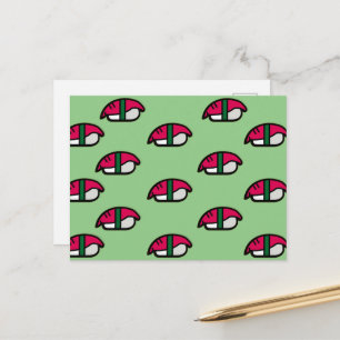 Cartão Postal Cartoon Kawaii Sushi, Peixe Arroz e Alga Marinha C