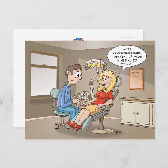 Cartão Postal Cartoon; komt een blondje bij de tandarts (Frente/Verso)