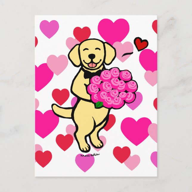Cartão Postal Cartoon Labrador Amarelo com Rosas (Frente)