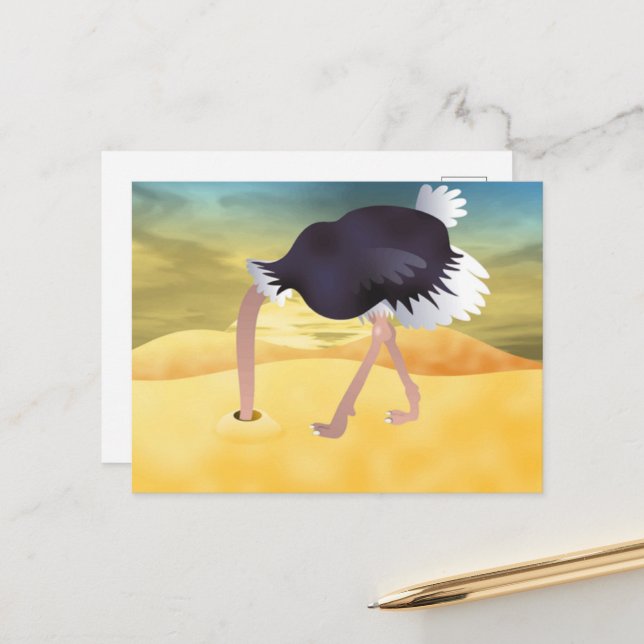 Cartão Postal Cartoon Ostrich Com Areia De Cabeça (Frente/Verso In Situ)
