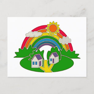 Cartão Postal Cartoon rural com arco-íris e casa de campo