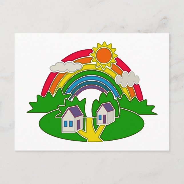 Cartão Postal Cartoon rural com arco-íris e casa de campo (Frente)
