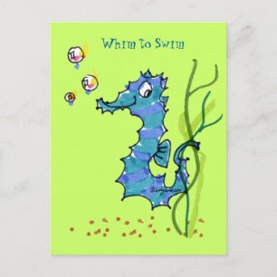 Cartão Postal Cartoon Seahorse Cute Whim To Swim Postcard