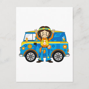 Cartão Postal Cartoon Sessenta Peace Hippie e Van