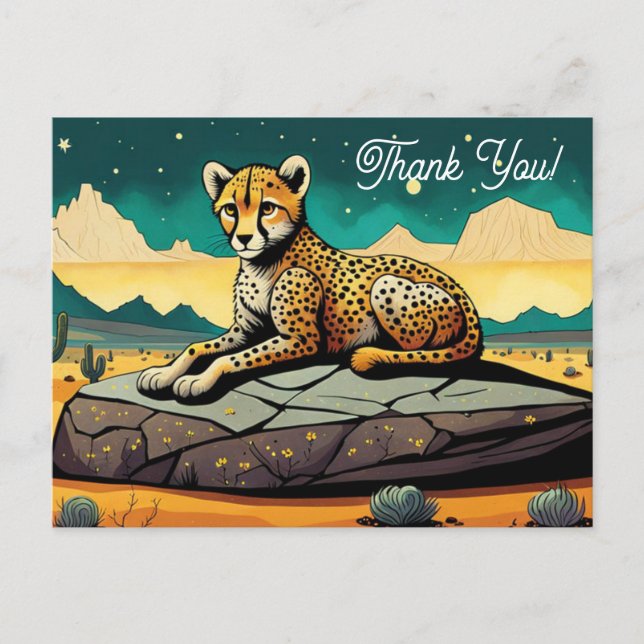 Cartão Postal Cartoon Wild Leopardo No Deserto Obrigado (Frente)