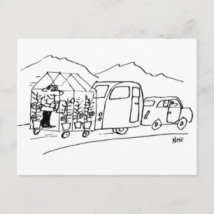 Cartão Postal Cartum Divertido de Carro Rebocando Caravana e Est