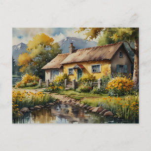 Cartão Postal Casa Amarela da Natureza Aquarela