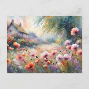Cartão Postal Casa Antiga Com Campo De Flores Cena Da Natureza