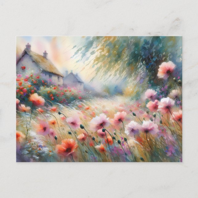 Cartão Postal Casa Antiga Com Campo De Flores Cena Da Natureza (Frente)