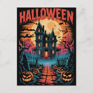 Cartão Postal Casa Assombrada Assustadora de Halloween Abóboras 