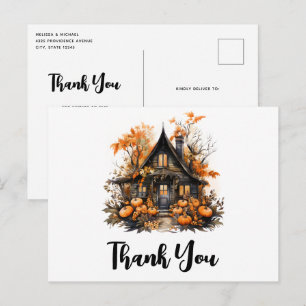 Cartão Postal Casa Assombrada com Abóboras de Halloween Agradeci