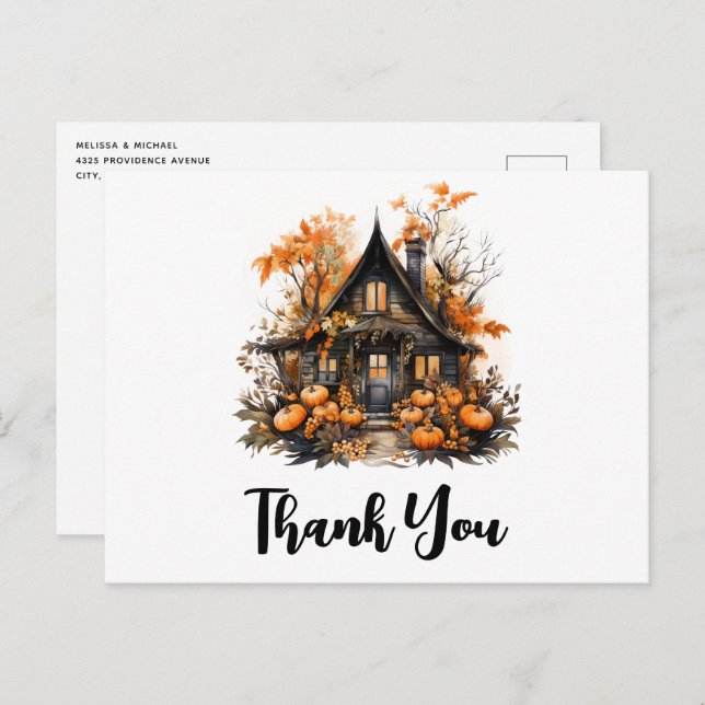 Cartão Postal Casa Assombrada com Abóboras de Halloween Agradeci (Frente/Verso)
