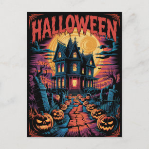 Cartão Postal Casa Assombrada de Abóbora de Halloween Assustador