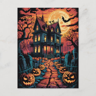 Cartão Postal Casa Assombrada de Abóbora de Halloween Assustador