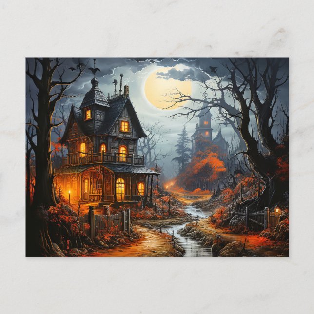 Cartão Postal Casa Assombrada de Halloween Assustador (Frente)