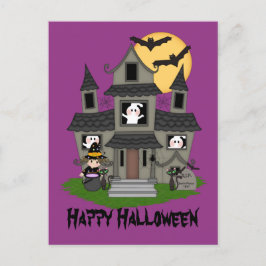 Cartão Postal Casa assombrada de Halloween e bruxinha pequena
