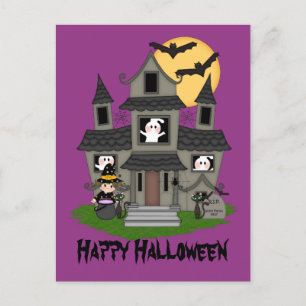 Cartão Postal Casa assombrada de Halloween e bruxinha pequena
