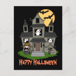 Cartão Postal Casa assombrada de Halloween e preto de bruxas