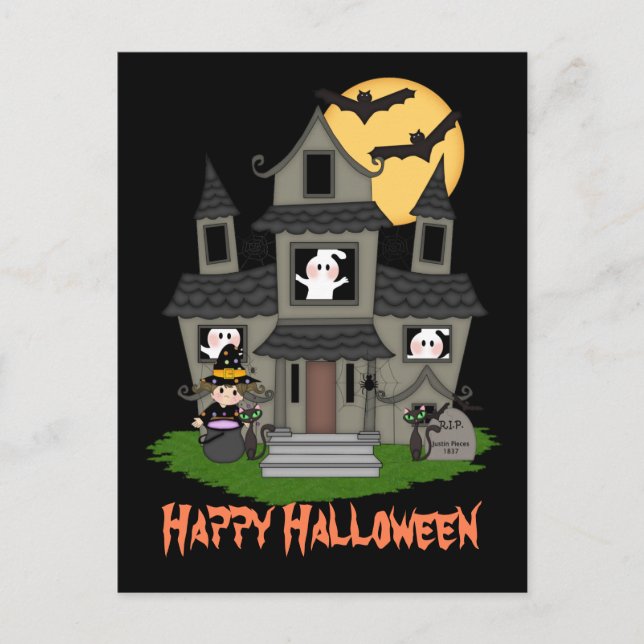 Cartão Postal Casa assombrada de Halloween e preto de bruxas (Frente)