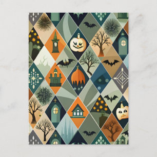 Cartão Postal Casa Assombrada de Halloween Vintage com Padrão de