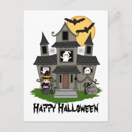 Cartão Postal Casa assombrada do Halloween e pequena bruxa branc
