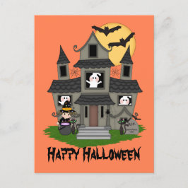 Cartão Postal Casa assombrada do Halloween e pequena bruxa laran