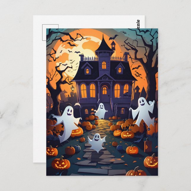 Cartão Postal Casa Assombrada e Halloween Fantasma (Frente/Verso)