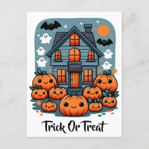 Cartão Postal Casa Assombrada Fofa Abóboras de Halloween Fantasm