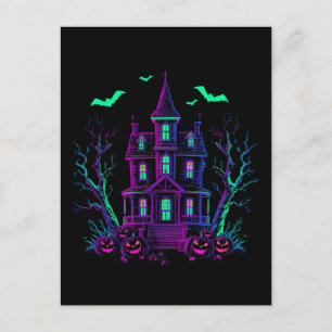 Cartão Postal Casa Assombrada Neon Glow Morcegos e Abóboras
