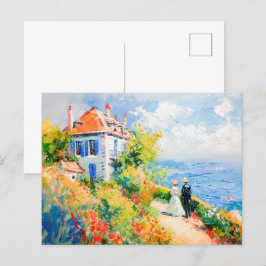 Cartão Postal Casa Costeira com Flores Impressionantes