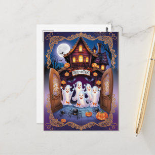 Cartão Postal Casa de Abóbora e Gato Encantador de Halloween