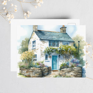 Cartão Postal Casa de Campo Inglesa de Verão em Aquarela