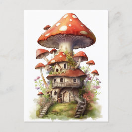 Cartão Postal Casa de cogumelos vermelhos e brancos